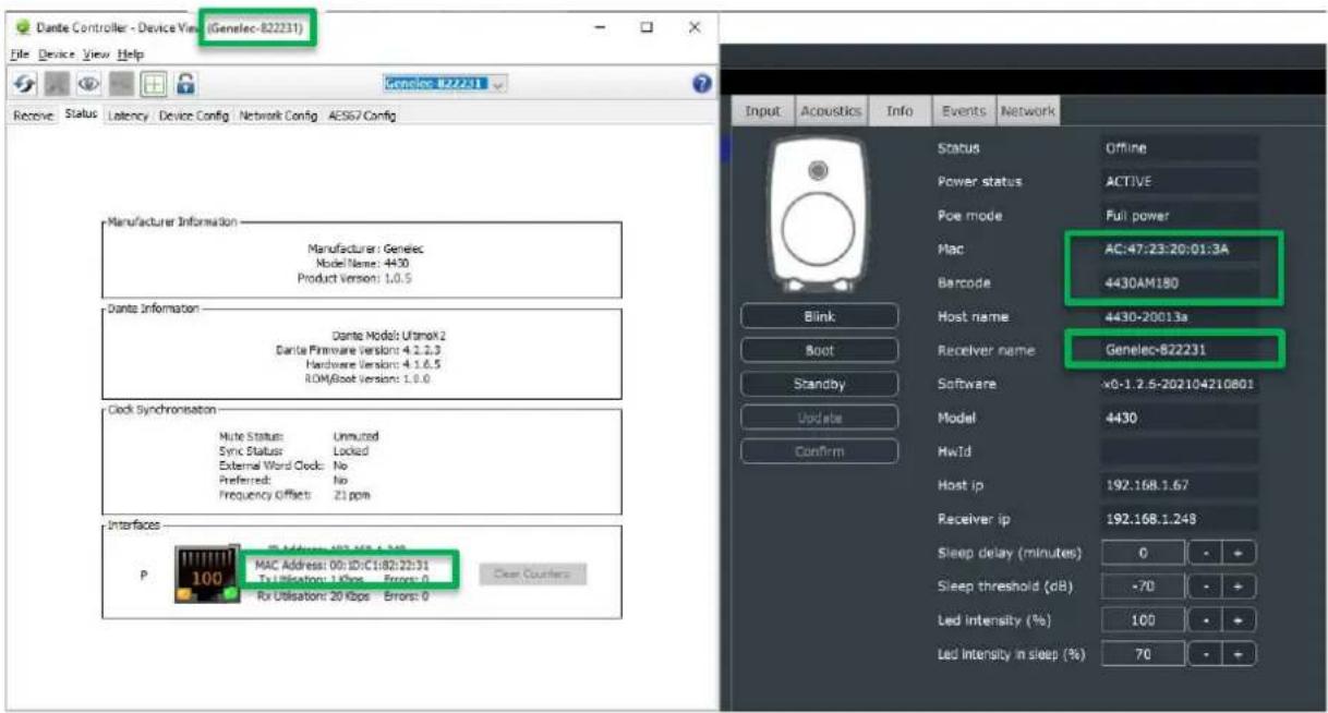 Dante Controller - Device Vin (Genelec-822231) File Device View Help License 822231 Receive Status Latency Device Config Network Config AES67 Config Manufacturer Information Manufacturer: Genelec Model Name: 4430 Product Version: 1.0.5 Danta Information Danta Model: Ultimok2 Danta Firmware Version: 4.2.2.3 Hardware Version: 4.1.6.5 ROM/Boot Version: 1.0.0 Clock Synchronisation Note Status: Unmured Sync Status: Locked External Word Clock: No Preferred: No Frequency Offsets: 21 ppm Interfaces P 100 MAC Address: 00: ID:C1882:23:31 To Utilisation: 1Kbps Errors: 0 Rx Utilisation: 20 Kbps Errors: 0 Status Offline Power status ACTIVE Poe mode Full power Mac AC:47:23:20:01:3A Barcode 4430AM180 Host name 4430-20013a Receiver name Genelec-822231 Software x0-1.2.5-202104210801 Model 4430 HwId Host ip 192.168.1.67 Receiver ip 192.168.1.248 Sleep delay (minutes) 0 - + Sleep threshold (dB) -70 - + Led intensity (%) 100 - + Led intensity in sleep (%) 70 - +