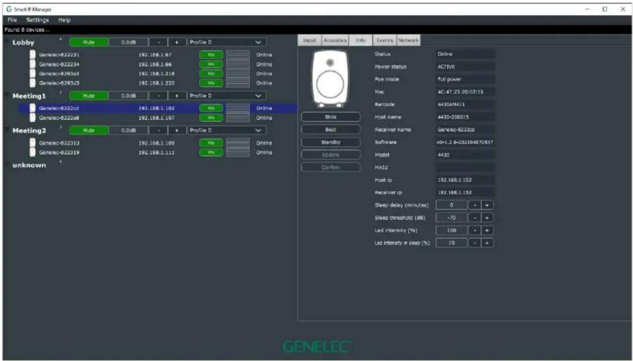 Smart # Manager File Settings Help Found 9 devices... Lobby Male 0.0dB - + Profile D Genelcc-822231 192.168.1.67 Mix Online Genelcc-822234 192.168.1.66 Mix Online Genelcc-8201a3 192.168.1.218 Mix Online Genelcc-8293d3 192.168.1.220 Mix Online Meeting1 Male 0.0dB - + Profile D Genelcc-8222cd 192.168.1.102 Mix Online Genelcc-8222a8 192.168.1.107 Mix Online Meeting2 Male 0.0dB - + Profile D Genelcc-822313 192.168.1.109 Mix Online Genelcc-822319 192.168.1.111 Mix Online unknown Input Acquisitions Info Events Network Status Online Power status ACTIVE Pose mode Full power Mac AC:47:23:20:02:15 Barcode 4430AN411 Host name 4430-200215 Receiver name Genelcc-8222cd Software x0+1.2.6+202104070837 Model 4430 Hostd Host ip 192.168.1.102 Receiver ip 192.168.1.152 Sleep delay (minutes) 0 - + Sleep threshold (dB) -70 - + Lat intensity (%) 100 - + Lat intensity in sleep (%) 70 - + GENELEC