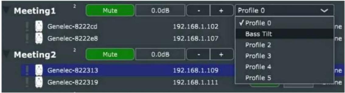 Meeting1 2 Mute 0.0dB Profile 0 Genelec-8222cd 192.168.1.102 Genelec-8222e8 192.168.1.107 Meeting2 2 Mute 0.0dB Profile 0 Bass Tilt Profile 2 Profile 3 Profile 4 Profile 5 Genelec-822313 192.168.1.109 Genelec-822319 192.168.1.111