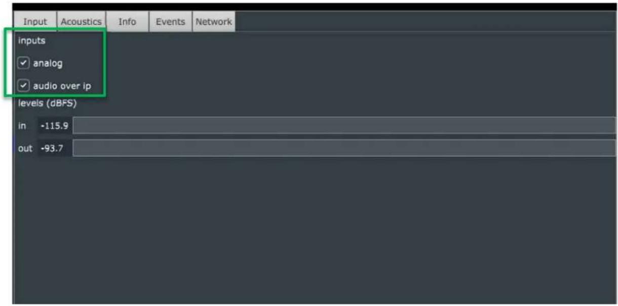 Input Acoustics Info Events Network inputs ✓ analog ✓ audio over ip levels (dBFS) in -115.9 out -93.7