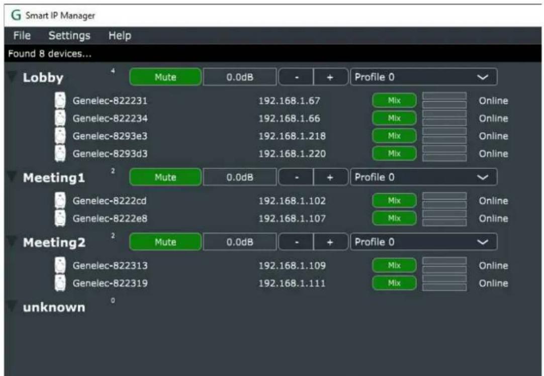G Smart IP Manager File Settings Help Found 8 devices... Lobby 4 Mute 0.0dB - + Profile 0 ✓ Genelec-822231 192.168.1.67 Mix Online Genelec-822234 192.168.1.66 Mix Online Genelec-8293e3 192.168.1.218 Mix Online Genelec-8293d3 192.168.1.220 Mix Online Meeting1 2 Mute 0.0dB - + Profile 0 ✓ Genelec-8222cd 192.168.1.102 Mix Online Genelec-8222e8 192.168.1.107 Mix Online Meeting2 2 Mute 0.0dB - + Profile 0 ✓ Genelec-822313 192.168.1.109 Mix Online Genelec-822319 192.168.1.111 Mix Online unknown 0