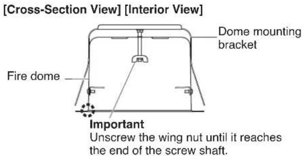 [Cross-Section View] [Interior View] Dome mounting bracket Fire dome Important Unscrew the wing nut until it reaches the end of the screw shaft.