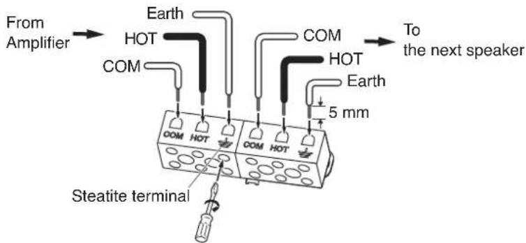 From Amplifier → Earth HOT COM COM HOT Earth 5 mm To the next speaker OOM HOT OOM HOT Steatite terminal