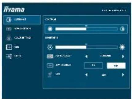 iiyama USTRALVE MODE SETTINGS COLOR SETTUMS RGB SETTA CONTRAST SINDNESS LIGHTS COLOPE STANDARD AVI. CONTRAST ON OFF RGB OFF