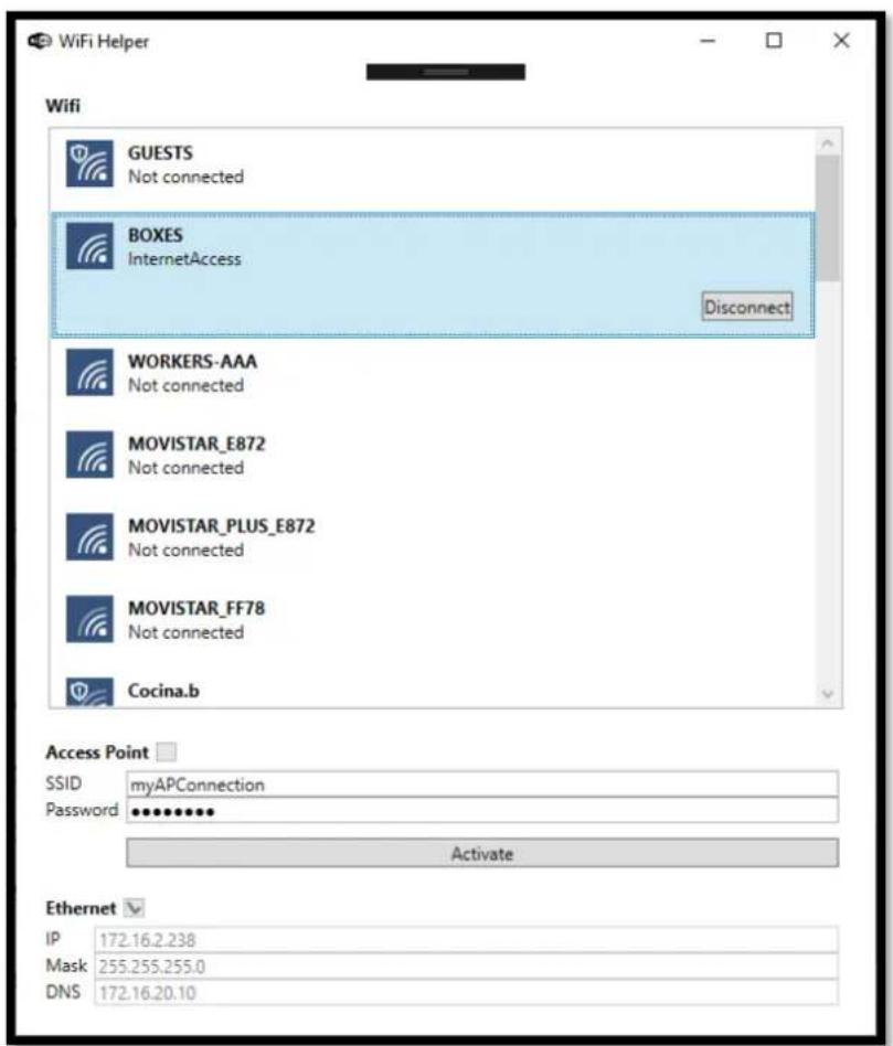 WiFi Helper Wifi GUESTS Not connected BOXES InternetAccess Disconnect WORKERS-AAA Not connected MOVISTAR_E872 Not connected MOVISTAR_PLUS_E872 Not connected MOVISTAR_FF78 Not connected Cocina.b Access Point SSID myAPConnection Password ••••••••••• Activate Ethernet IP 172.16.2.238 Mask 255.255.255.0 DNS 172.16.20.10