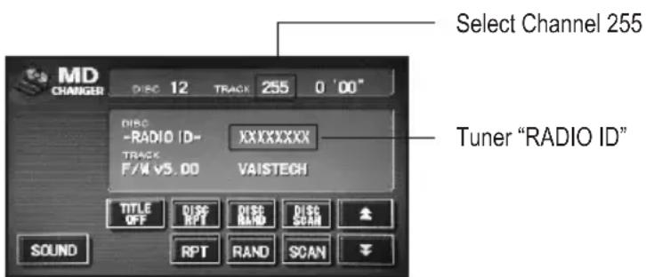 Select Channel 255 MD CHANGER DISC 12 TRACK 255 0 '00" DISC -RADIO ID- XXXXXXXX TRACK F/M v5.00 VAISTECH TITLE OFF CLOSE RPT DISE RAND DISC SCAN SOUND RPT RAND SCAN