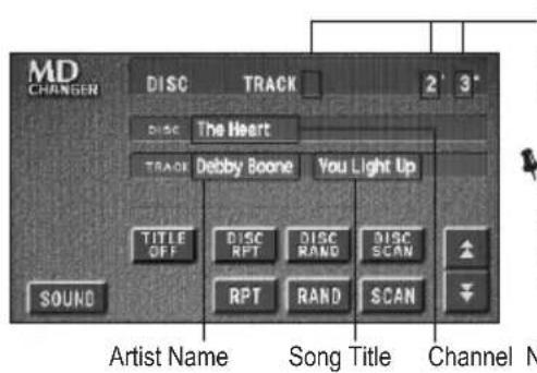 MD CHANGEN DISC TRACK 2' 3' DISC The Heart TRACK Debby Boone You Light Up TITLE DISC RFT DISC RAND DISC SCAN OFF RPT RAND SCAN SOUND Artist Name Song Title Channel N