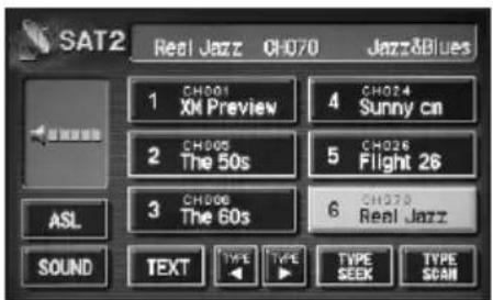 SAT2 Real Jazz CH070 Jazz3Blues 1 CH001 XM Preview 4 CH024 Sunny cn 2 CH005 The 50s 5 CH026 Flight 26 3 CH006 The 60s 6 CH028 Real Jazz ASL SOUND TEXT TYPE TYPE TYPE SEEK TYPE SCAN