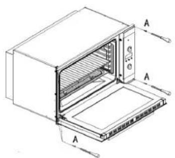 Technical diagram of an oven with labeled components and section view A-A