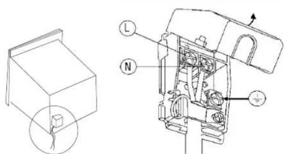 Technical diagram showing a 3D box assembly with a magnified inset of its internal components, labeled with L and N poles.