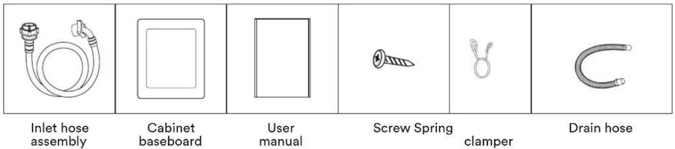 Inlet hose assembly Cabinet baseboard User manual Screw Spring clamper Drain hose