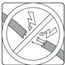 Safety warning sign showing no crossing with lightning bolts and hazard symbols