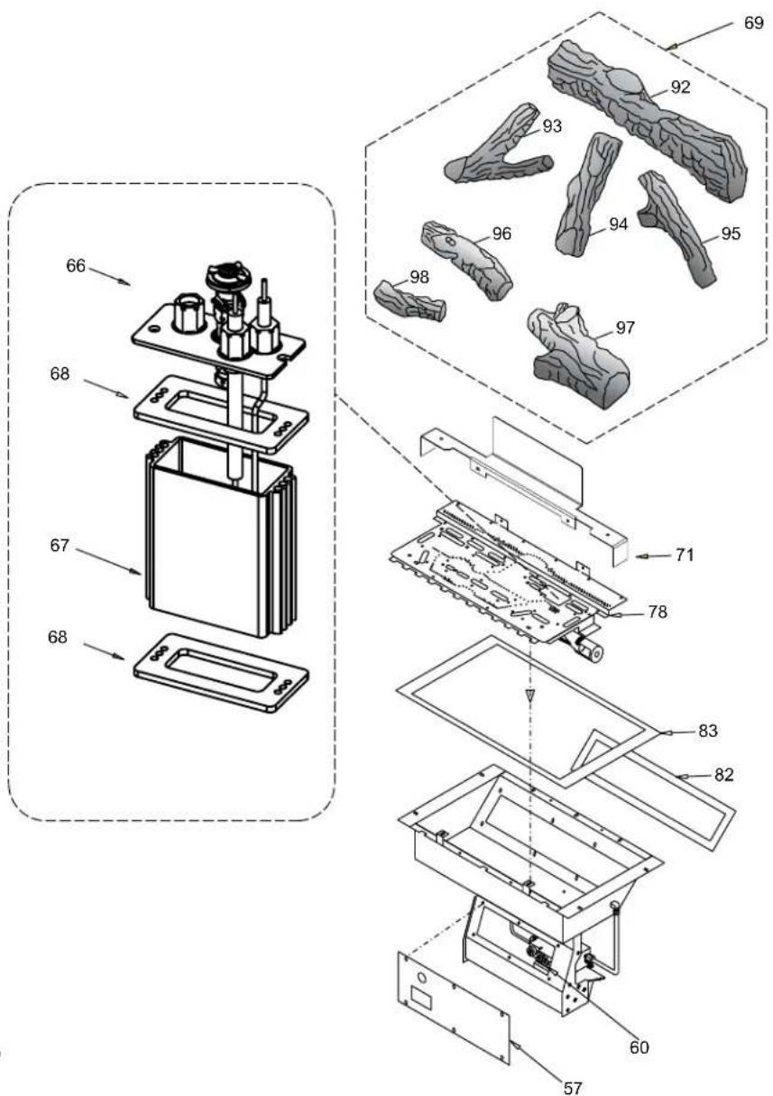 Exploded view diagram of a device's internal components with numbered parts, including battery pack, circuit board, and accessories.