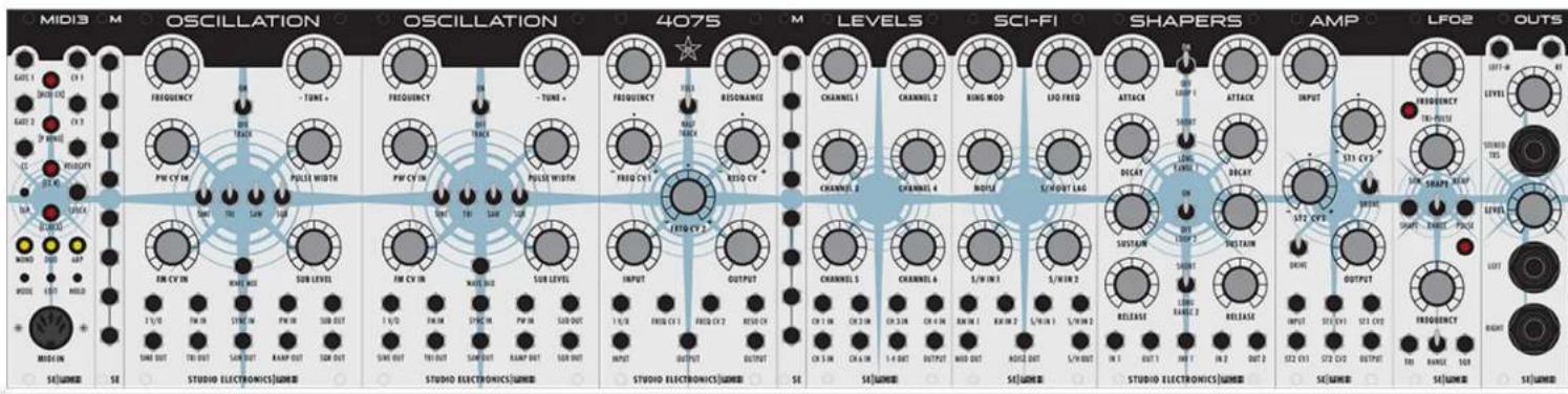 MIDI3 M OSCILLATION OSCILLATION 4075 M LEVELS SCI-FI SHAPERS AMP LFO2 OUTS GATE 1 CY 1 FREQUENCY ON - TUME + FREQUENCY ON - TUME + FREQUENCY FEL RESONANCE CHANNEL 1 CHANNEL 2 RING MOD LFO FRED ATTACK ATTACK INPUT GATE 2 CY 2 ON TRACK PULSE WIDTH PW CY IN ON TRACK PULSE WIDTH PROCY1 RED CY 2 CHANNEL…
