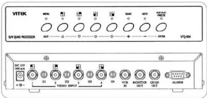 VITEK MENU QUAD AUTO VCR PLAT FREEZ B/W QUAD PROCESSOR EXIT + - ENTER VTQ-504 DC 11V 500 mA + - Q1 Q2 Q3 Q4 VCR IN MONITOR OUT QUAD OUT ALARM
