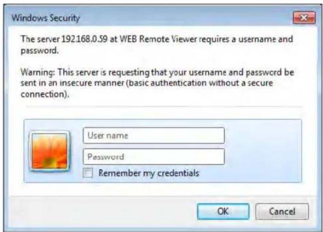 Windows Security The server 192.168.0.59 at WEB Remote Viewer requires a username and password. Warning: This server is requesting that your username and password be sent in an insecure manner (basic authentication without a secure connection). User name Password Remember my credentials OK Cancel