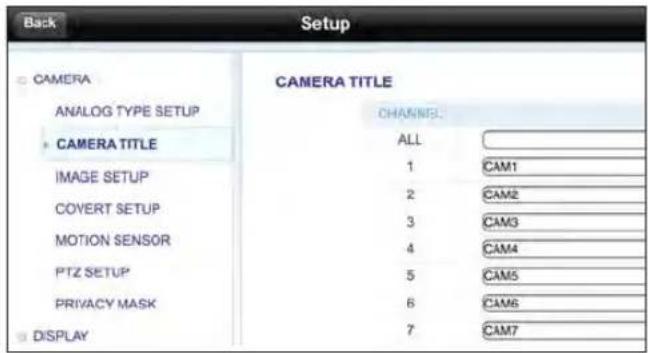 Back Setup CAMERA ANALOG TYPE SETUP CAMERA TITLE IMAGE SETUP COVERT SETUP MOTION SENSOR PTZ SETUP PRIVACY MASK DISPLAY CAMERA TITLE CHANNEL: ALL 1 CAM1 2 CAM2 3 CAM3 4 CAM4 5 CAM5 6 CAM6 7 CAM7