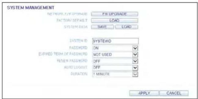 SYSTEM MANAGEMENT NETWORK FYN UPGRADE FIN UPGRADE FACTORY DEFAULT LOAD SYSTEM DATA SAVE LOAD SYSTEM ID SYSTEMID PASSWORD ON ✓ EXPRIED TERM OF PASSWORD NOT USED ✓ FENIEW PASSWORD OFF ✓ AUTO LUGSUIT OFF ✓ DURATION 1 MINUTE ✓ APPLY CANCEL