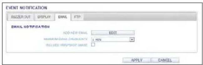 EVENT NOTIFICATION BUZZER OUT DISPLAY EMAIL FTP EMAIL NOTIFICATION ADD NEW EMAIL EDIT MINIUM ONLINE / FREQUENCY 3 MIN INCLUDE INVERTIGHT IMAGE APPLY CANCEL