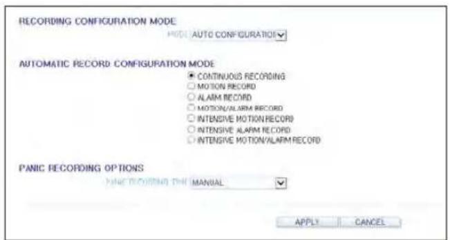 RECORDING CONFIGURATION MODE MODE AUTO CONFIGURATION AUTOMATIC RECORD CONFIGURATION MODE ● CONTINUOUS RECORDING ○ MOTION RECORD ○ ALARM RECORD ○ MOTION/ALARM RECORD ○ INTENSIVE MOTION/RECORD ○ INTENSIVE ALARM RECORD ○ INTENSIVE MOTION/ALARM RECORD PANIC RECORDING OPTIONS PANE RECURRING THIS MANUAL APPLY CANCEL