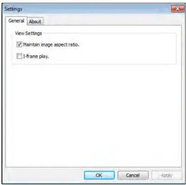 Settings General About View Settings ✓ Maintain image aspect ratio. □ 1-frame play. OK Cancel Apply