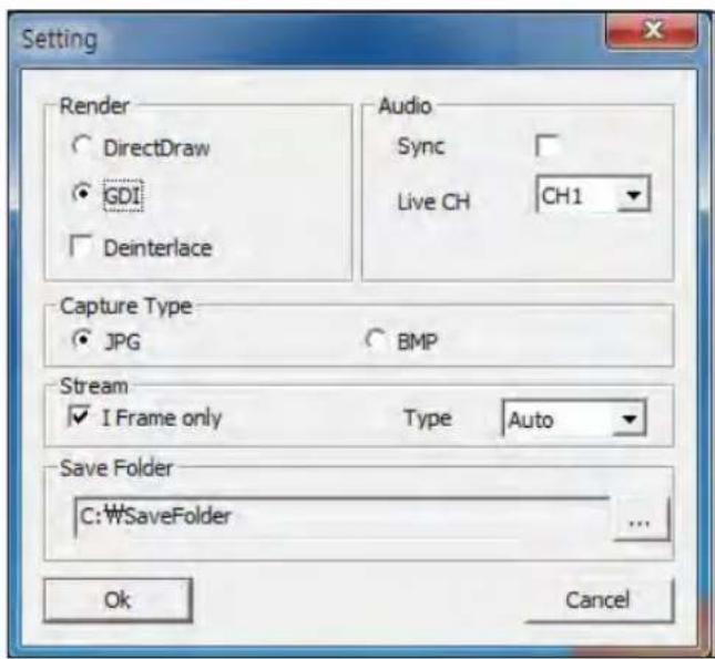 Setting Render DirectDraw GDI Deinterlace Audio Sync Live CH CH1 Capture Type JPG BMP Stream I Frame only Type Auto Save Folder C:\WSaveFolder Ok Cancel