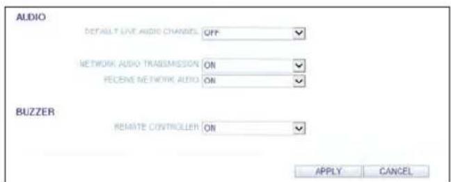 AUDIO DEFAULT LIVE AUDIO CHANNEL OFF NETWORK AUDIO TRANSMISSION ON PECENS NETWORK AUDIO ON BUZZER REMOTE CONTROLLER ON APPLY CANCEL
