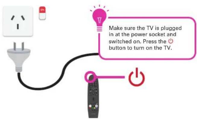 Make sure the TV is plugged in at the power socket and switched on. Press the ⏻ button to turn on the TV.