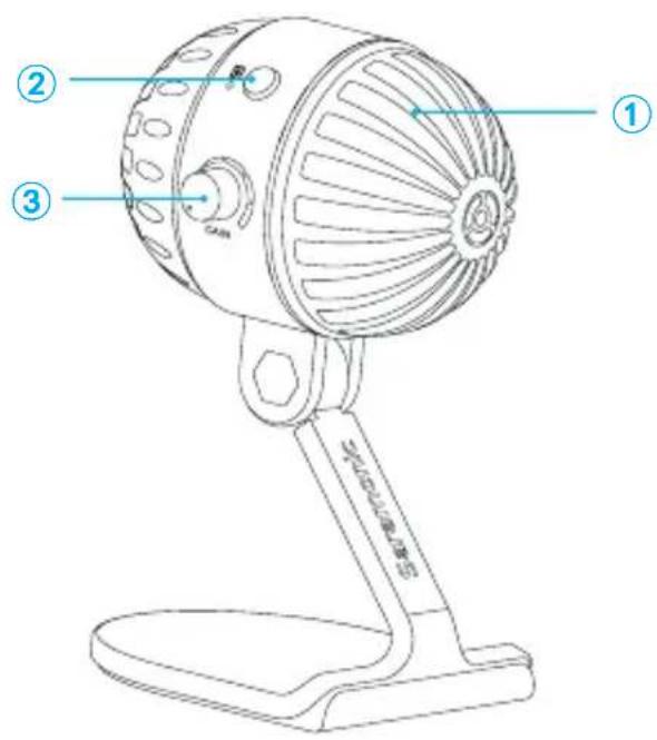 Technical diagram of a desktop computer with labeled parts including fan, keyboard, and base