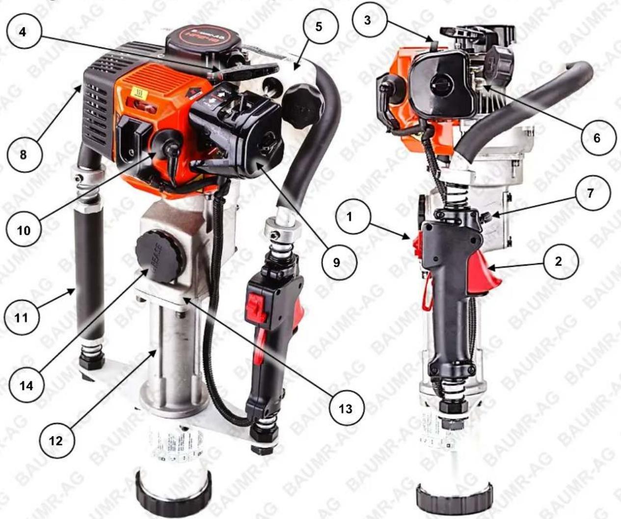 Technical diagram of a BAUMR-AG power tool with numbered parts labeled for identification.