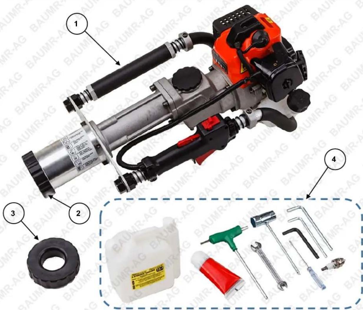 Labeled diagram of a BAUMR-AG hydraulic tool with numbered parts including handle, tire, and wrenches