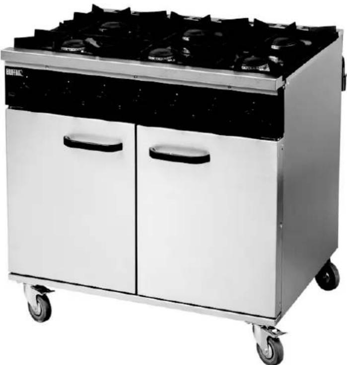 Exterior view of a stainless steel electric stove with four panes and wheels (no visible text or symbols)