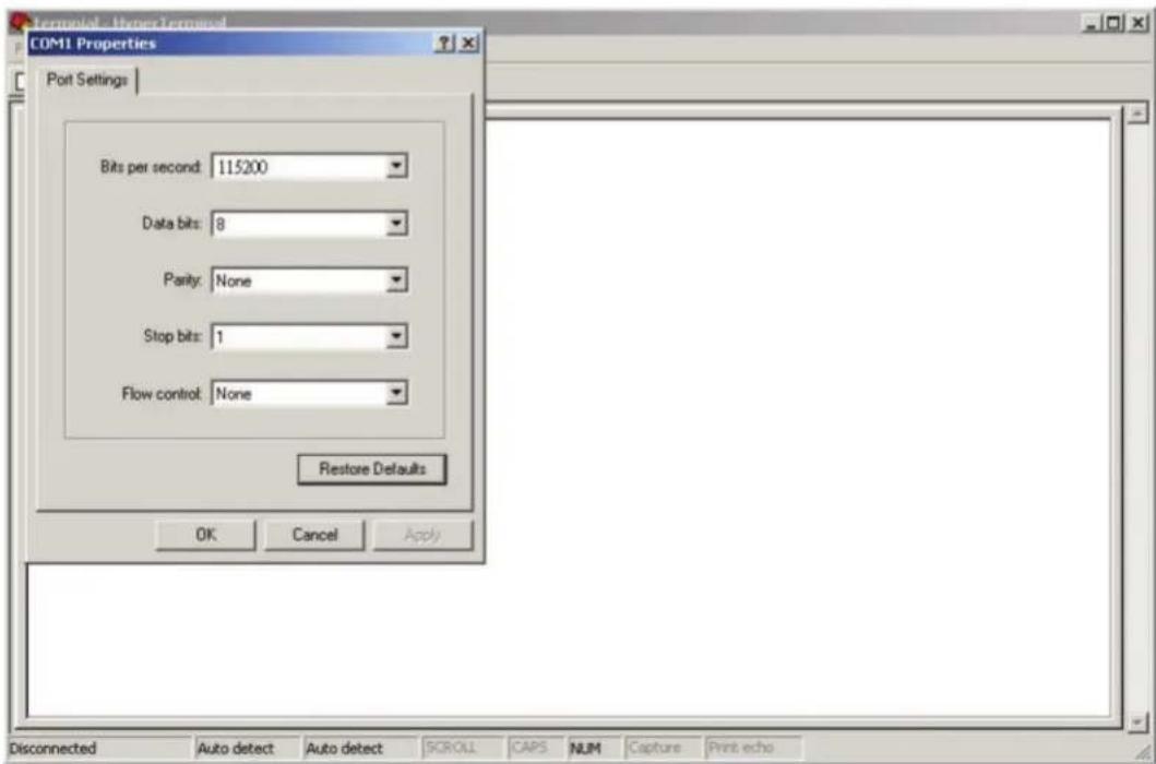 COM1 Properties Port Settings Bits per second: 115200 Data bits: 8 Parity: None Stop bits: 1 Flow control: None Restore Defaults OK Cancel Apply Disconnected Auto detect Auto detect SCROLL CAPS NUM Capture Print echo
