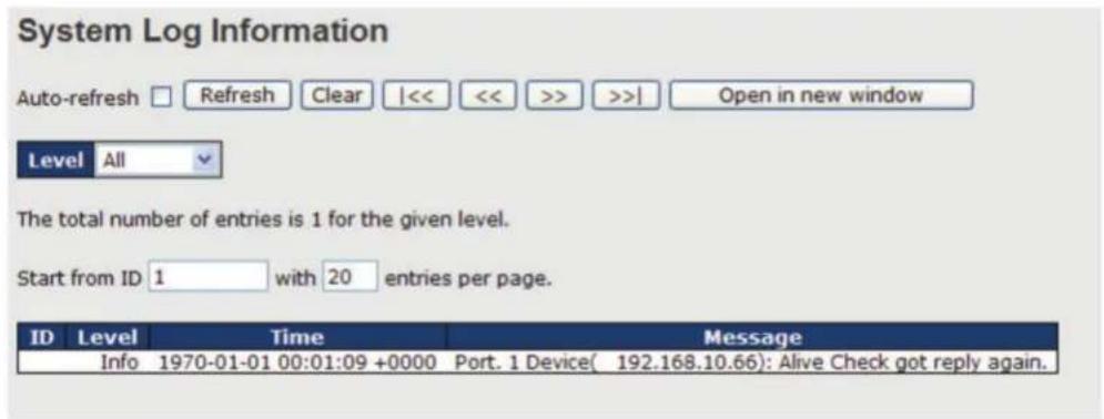 System Log Information Auto-refresh □ Refresh Clear |<< << >> >>| Open in new window Level All The total number of entries is 1 for the given level. Start from ID 1 with 20 entries per page. ID Level Time Message Info 1970-01-01 00:01:09 +0000 Port. 1 Device( 192.168.10.66): Alive Check got reply again.