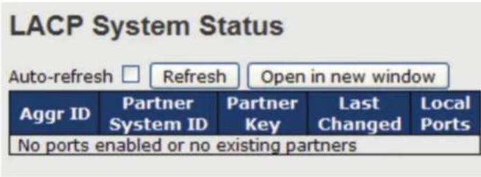 LACP System Status Auto-refresh □ Refresh Open in new window Aggr ID Partner Partner Last Local System ID Key Changed Ports No ports enabled or no existing partners