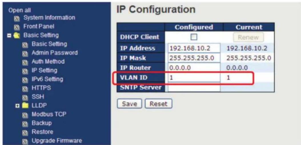 Open all System Information Front Panel Basic Setting Basic Setting Admin Password Auth Method IP Setting IPv6 Setting HTTPS SSH LLDP Modbus TCP Backup Restore Upgrade Firmware IP Configuration Configured Current DHCP Client Renew IP Address 192.168.10.2 192.168.10.2 IP Mask 255.255.255.0 255.255.255.0 IP Router 0.0.0.0 0.0.0.0 VLAN ID 1 1 SNTP Server Save Reset