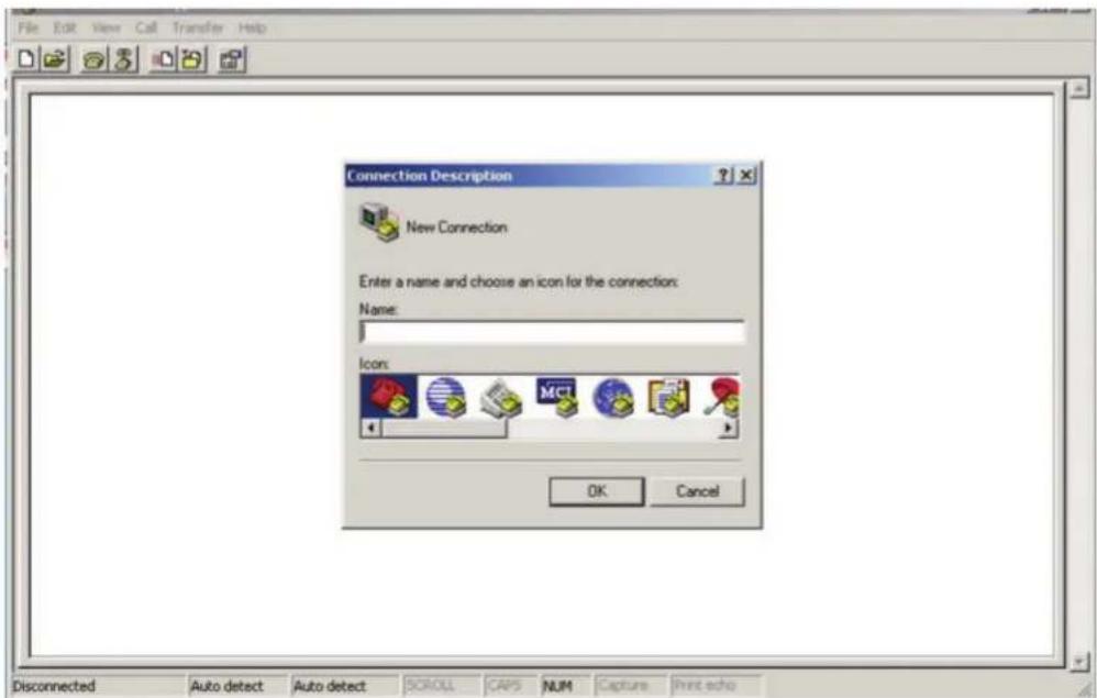 File Edit View Call Transfer Help Connection Description New Connection Enter a name and choose an icon for the connection: Name: Icons: OK Cancel Disconnected Auto detect Auto detect SCROLL CAPS NUM Capture Print echo