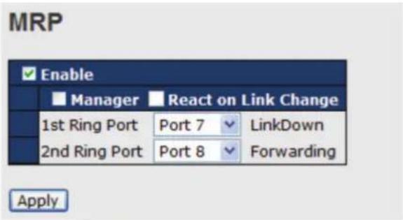 MRP Enable ■ Manager ■ React on Link Change 1st Ring Port Port 7 LinkDown 2nd Ring Port Port 8 Forwarding Apply