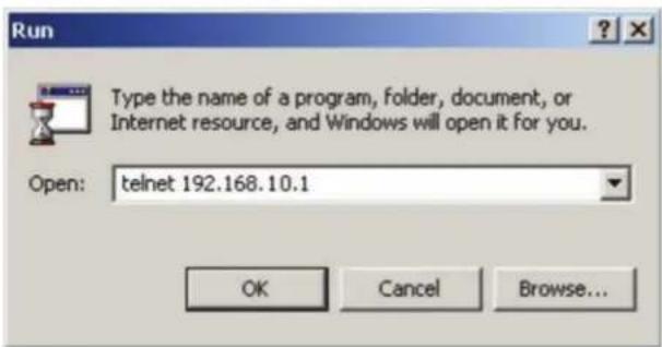 Run Type the name of a program, folder, document, or Internet resource, and Windows will open it for you. Open: telnet 192.168.10.1 OK Cancel Browse...