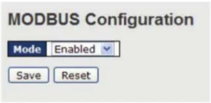 MODBUS Configuration Mode Enabled Save Reset