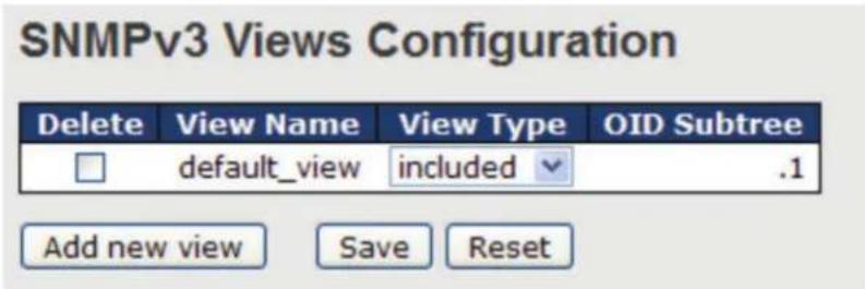 SNMPv3 Views Configuration Delete View Name View Type OID Subtree default_view included .1 Add new view Save Reset