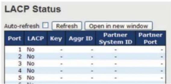 LACP Status Auto-refresh □ Refresh Open in new window Port LACP Key Aggr ID Partner System ID Partner Port 1 No - - - - 2 No - - - - 3 No - - - - 4 No - - - - 5 No - - - -