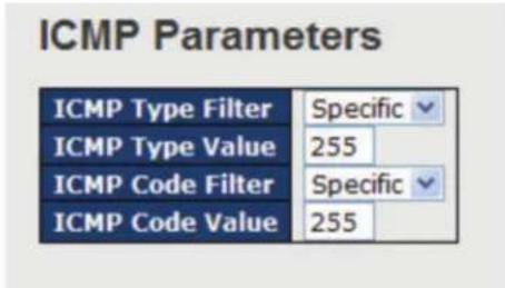 ICMP Parameters ICMP Type Filter ICMP Type Value ICMP Code Filter ICMP Code Value Specific 255 Specific 255