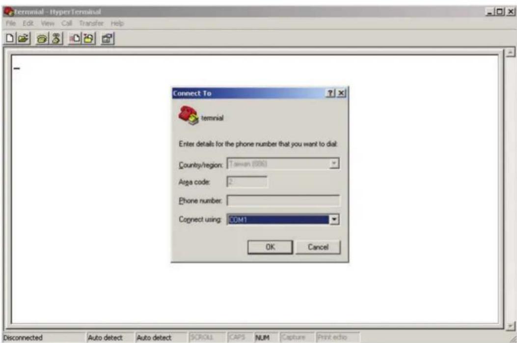 Terminal - HyperTerminal File Edit View Call Transfer Help Connect To terminal Enter details for the phone number that you want to dial: Country/region: Taiwan (206) Area code: 0 Phone number: Connect using: COM1 OK Cancel Disconnected Auto detect Auto detect SCROLL CAPS NUM Capture Print echo