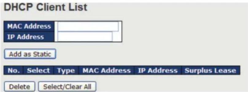DHCP Client List MAC Address IP Address Add as Static No. Select Type MAC Address IP Address Surplus Lease Delete Select/Clear All