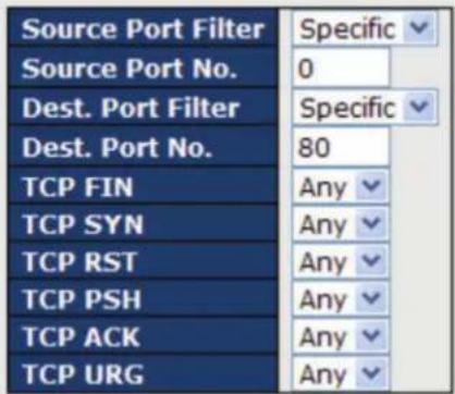 Source Port Filter Source Port No. Dest. Port Filter Dest. Port No. TCP FIN TCP SYN TCP RST TCP PSH TCP ACK TCP URG Specific 0 Specific 80 Any Any Any Any Any Any Any