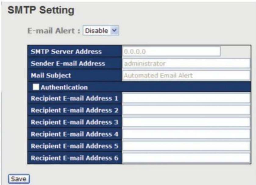 SMTP Setting E-mail Alert : Disable SMTP Server Address 0.0.0.0 Sender E-mail Address administrator Mail Subject Automated Email Alert Authentication Recipient E-mail Address 1 Recipient E-mail Address 2 Recipient E-mail Address 3 Recipient E-mail Address 4 Recipient E-mail Address 5 Recipient E-mail Address 6 Save