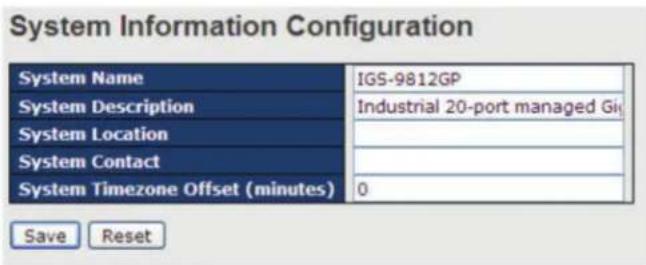 System Information Configuration System Name IGS-9812GP System Description Industrial 20-port managed Gi System Location System Contact System Timezone Offset (minutes) 0 Save Reset