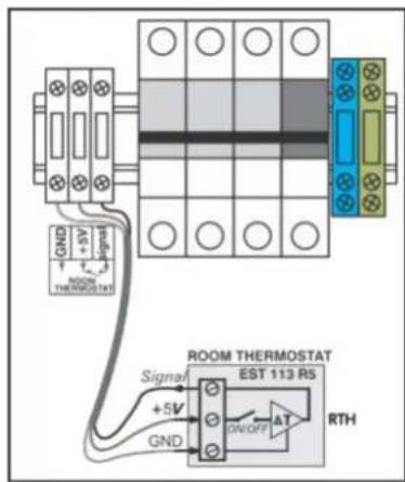 GND +5V Signal ROOM THERMOSTAT ROOM THERMOSTAT Signal +5V GND EST 113 RS ON/OFF ΔT RTH