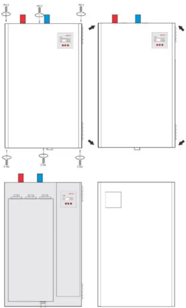 Technical diagram showing four different electrical panel configurations with labeled components and directional arrows indicating flow or movement.